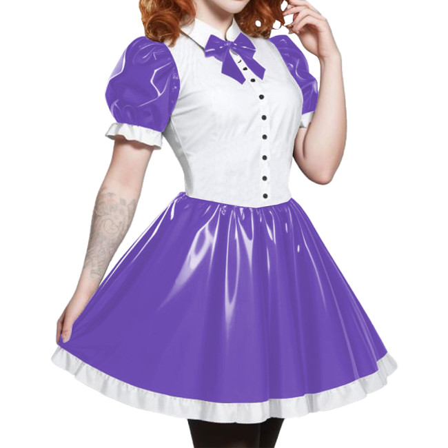 Short Sleeve Cosplay Student Mini Dress PVC Turn-down Collar With Bow Preppy Style Uniforms  A-line Dress With Front Buttons 7XL