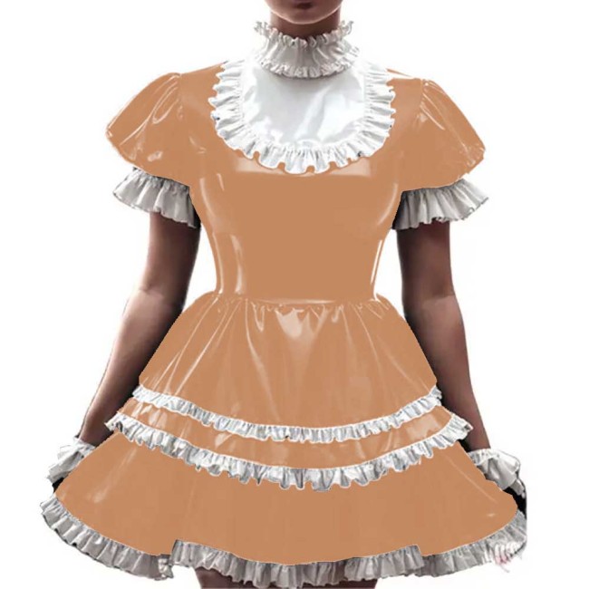 New Arrival Sissy French Maid Costume Shiny PVC Short Puff Sleeve Lolita Uniform Latex Anime Cosplay Lace Sweet Dress 7XL
