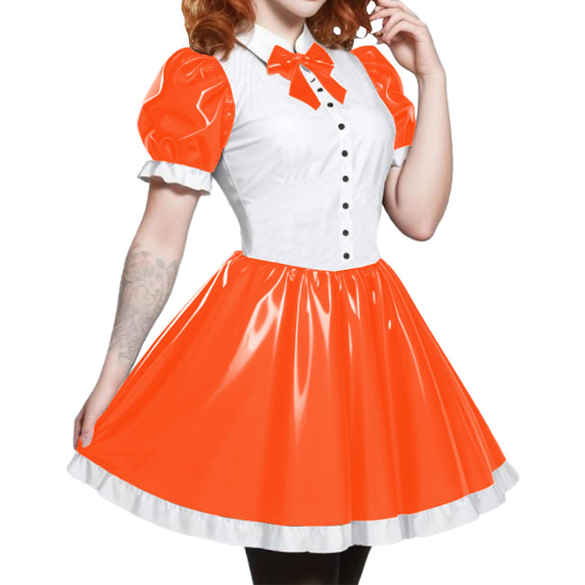Short Sleeve Cosplay Student Mini Dress PVC Turn-down Collar With Bow Preppy Style Uniforms  A-line Dress With Front Buttons 7XL