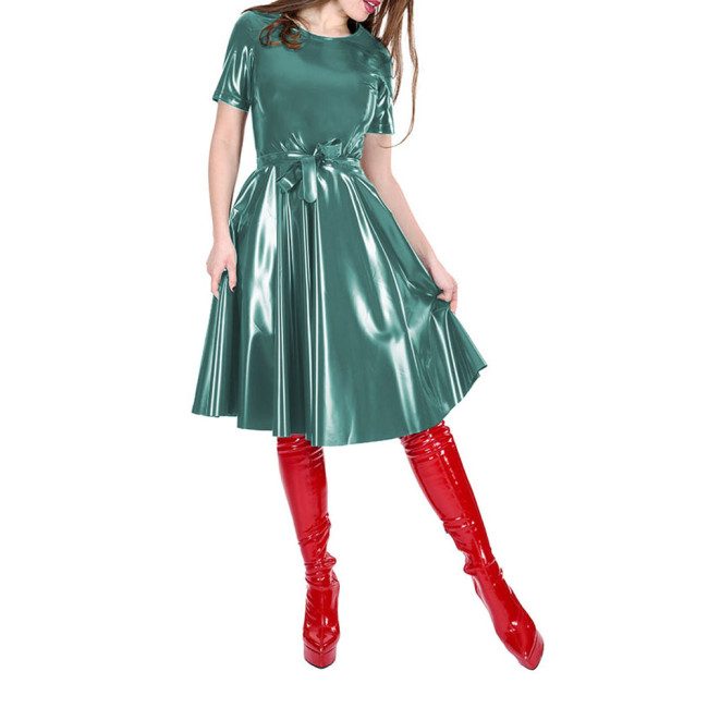 Office Lady O-neck Glossy Solid Color Knee-Length PVC Dress Female Short Sleeve Elegant A-line Dress with Belt Women's Clothing