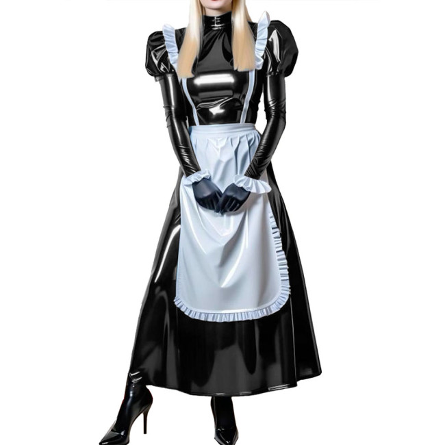 Retro Shiny Long French Maid Uniform Dress Halloween Cosplay Long Puff Sleeve Maid Dresses Wet PVC Leather French Servant Outfit