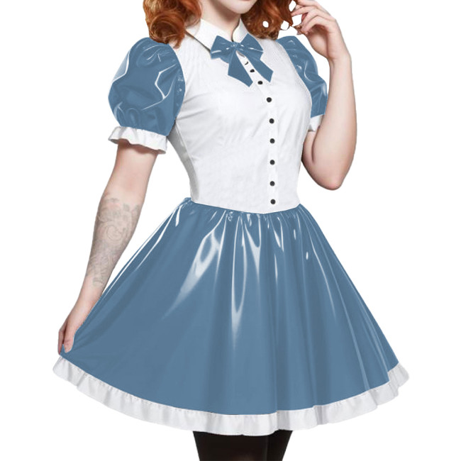 Short Sleeve Cosplay Student Mini Dress PVC Turn-down Collar With Bow Preppy Style Uniforms  A-line Dress With Front Buttons 7XL