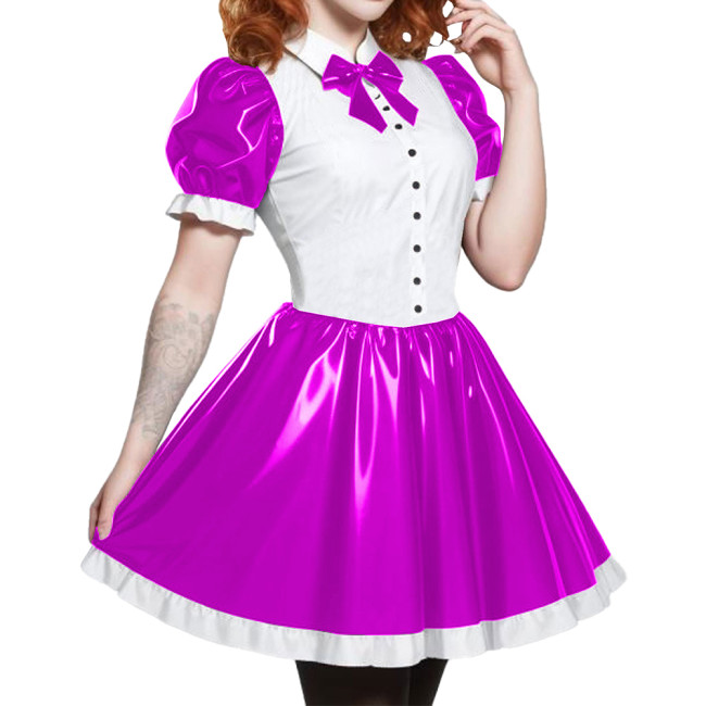 Short Sleeve Cosplay Student Mini Dress PVC Turn-down Collar With Bow Preppy Style Uniforms  A-line Dress With Front Buttons 7XL