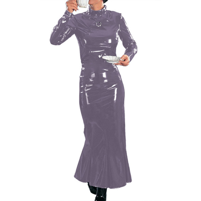 Women PVC Shiny Long Dresses Sexy Turtleneck Slim Evening Dresses Elegant Lady Long Sleeve Cocktail Party Dress Female Clubwear