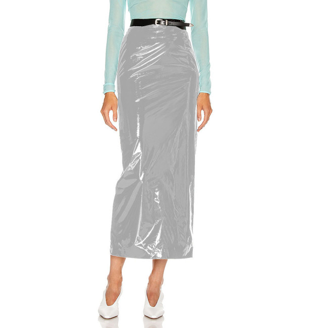 Shiny PVC Leather Midi Skirts Women High Waist Slim Office Lady Stretch Skinny Pencil Skirt Sexy Hems Split Wetlook Club Skirts