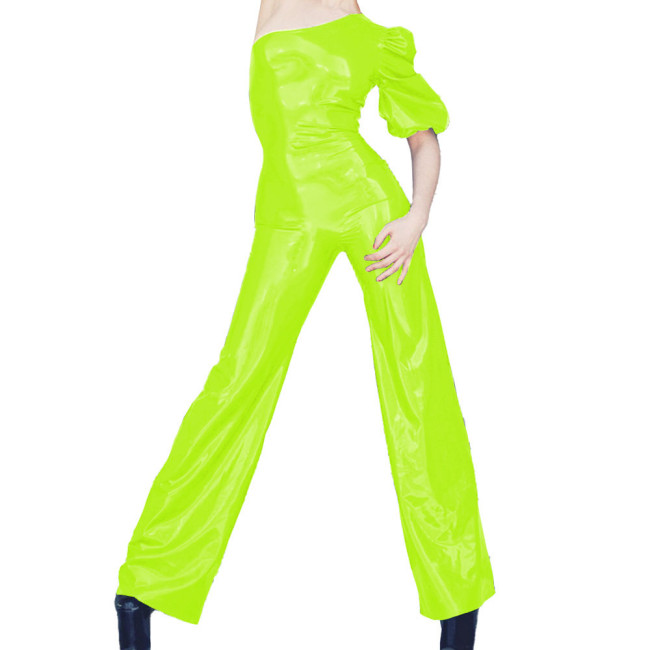 Women's Wet PVC Leather One Shoulder Jumpsuits Evening Puff Short Sleeve Shiny Club Party Rompers Female Wide Leg Pants Clubwear