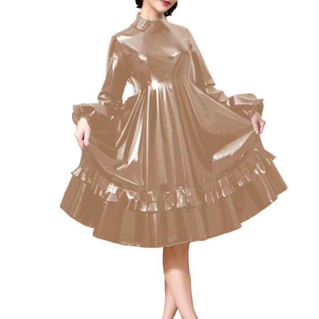 Party Turn Down Collar Wetlook PVC Leather Lolita Dress Long Puff Sleeve A-Line Pleated Midi Dress Elegant Lady High Waist Dress