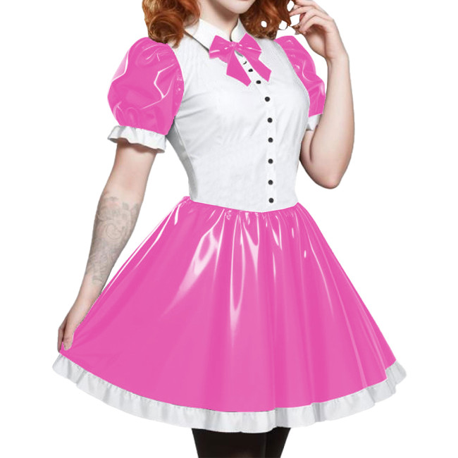 Short Sleeve Cosplay Student Mini Dress PVC Turn-down Collar With Bow Preppy Style Uniforms  A-line Dress With Front Buttons 7XL