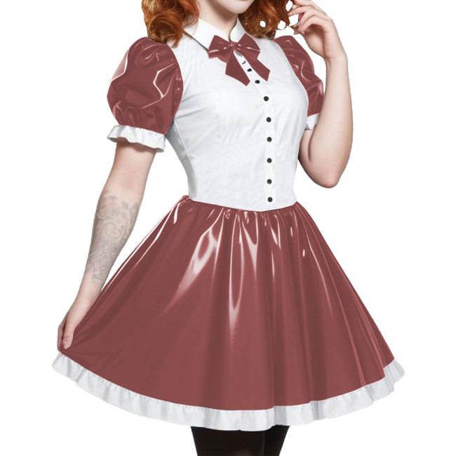 Short Sleeve Cosplay Student Mini Dress PVC Turn-down Collar With Bow Preppy Style Uniforms  A-line Dress With Front Buttons 7XL