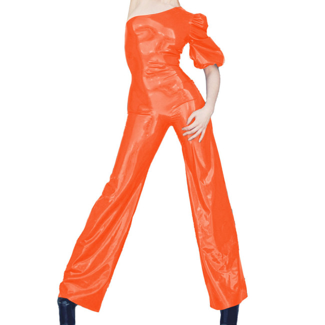 Women's Wet PVC Leather One Shoulder Jumpsuits Evening Puff Short Sleeve Shiny Club Party Rompers Female Wide Leg Pants Clubwear