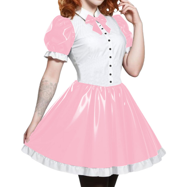 Short Sleeve Cosplay Student Mini Dress PVC Turn-down Collar With Bow Preppy Style Uniforms  A-line Dress With Front Buttons 7XL
