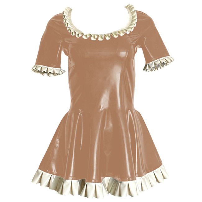 Sweet Ruffles Short Sleeve Paty Mini Dress Shiny PVC Leather Scoop Neck A-line Pleated Short Dress Wetlook Cosplay Clubwear 7XL