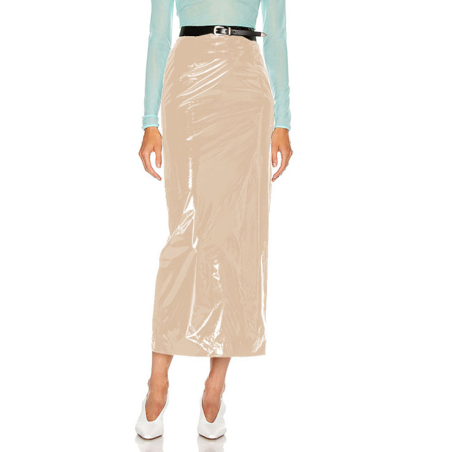 Shiny PVC Leather Midi Skirts Women High Waist Slim Office Lady Stretch Skinny Pencil Skirt Sexy Hems Split Wetlook Club Skirts
