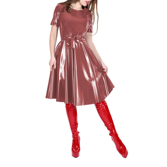 Office Lady O-neck Glossy Solid Color Knee-Length PVC Dress Female Short Sleeve Elegant A-line Dress with Belt Women's Clothing