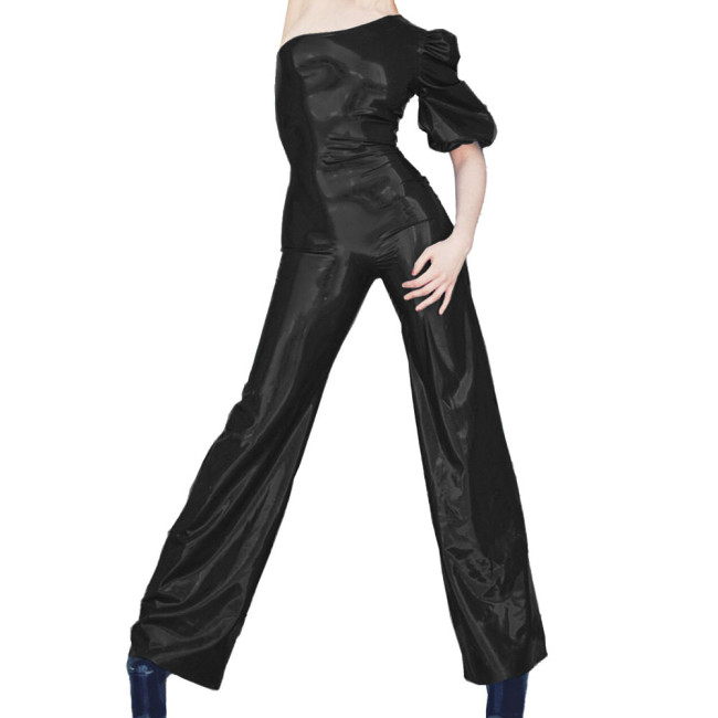 Women's Wet PVC Leather One Shoulder Jumpsuits Evening Puff Short Sleeve Shiny Club Party Rompers Female Wide Leg Pants Clubwear