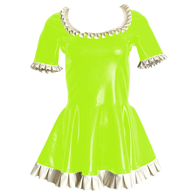 Sweet Ruffles Short Sleeve Paty Mini Dress Shiny PVC Leather Scoop Neck A-line Pleated Short Dress Wetlook Cosplay Clubwear 7XL