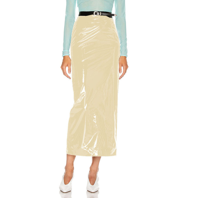 Shiny PVC Leather Midi Skirts Women High Waist Slim Office Lady Stretch Skinny Pencil Skirt Sexy Hems Split Wetlook Club Skirts