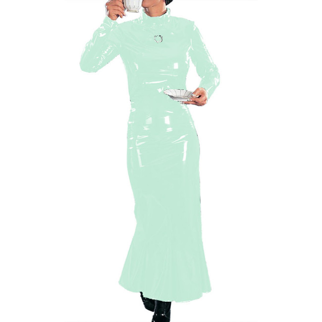 Women PVC Shiny Long Dresses Sexy Turtleneck Slim Evening Dresses Elegant Lady Long Sleeve Cocktail Party Dress Female Clubwear