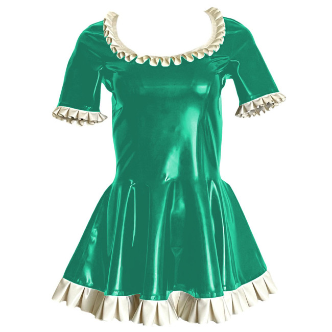 Sweet Ruffles Short Sleeve Paty Mini Dress Shiny PVC Leather Scoop Neck A-line Pleated Short Dress Wetlook Cosplay Clubwear 7XL