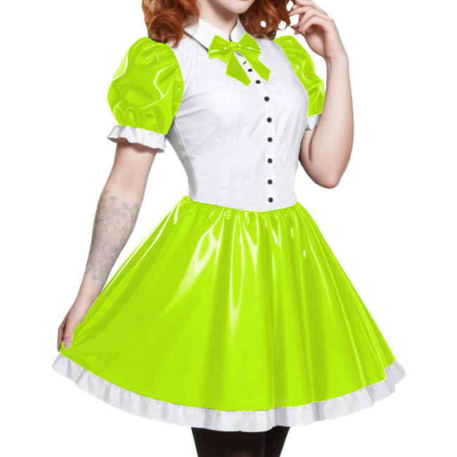 Short Sleeve Cosplay Student Mini Dress PVC Turn-down Collar With Bow Preppy Style Uniforms  A-line Dress With Front Buttons 7XL