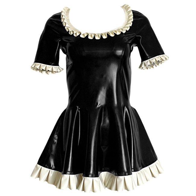 Sweet Ruffles Short Sleeve Paty Mini Dress Shiny PVC Leather Scoop Neck A-line Pleated Short Dress Wetlook Cosplay Clubwear 7XL