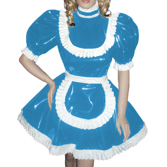 Sissy Turtleneck Puff Long Sleeve Ruffles Maid Uniforms Shiny PVC Leather A-line Pleated Maid Outfits Raves Party Maid Dresses