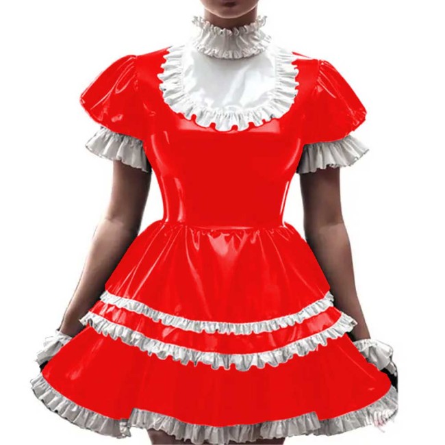 New Arrival Sissy French Maid Costume Shiny PVC Short Puff Sleeve Lolita Uniform Latex Anime Cosplay Lace Sweet Dress 7XL