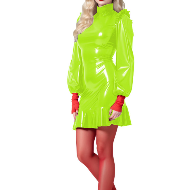 High Street Glossy Patent Leather Bodycon Mermaid Dress Womens Turtleneck Long Sleeve Mini Dresses Rave Party Sexy Clubwear 7XL