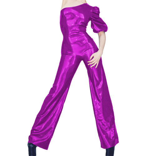 Women's Wet PVC Leather One Shoulder Jumpsuits Evening Puff Short Sleeve Shiny Club Party Rompers Female Wide Leg Pants Clubwear