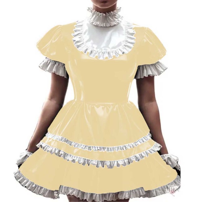 New Arrival Sissy French Maid Costume Shiny PVC Short Puff Sleeve Lolita Uniform Latex Anime Cosplay Lace Sweet Dress 7XL