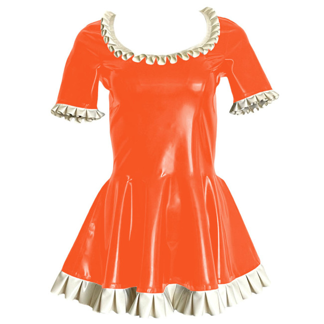 Sweet Ruffles Short Sleeve Paty Mini Dress Shiny PVC Leather Scoop Neck A-line Pleated Short Dress Wetlook Cosplay Clubwear 7XL