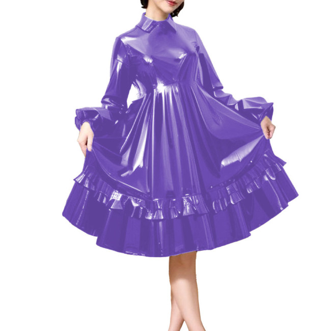 Party Turn Down Collar Wetlook PVC Leather Lolita Dress Long Puff Sleeve A-Line Pleated Midi Dress Elegant Lady High Waist Dress
