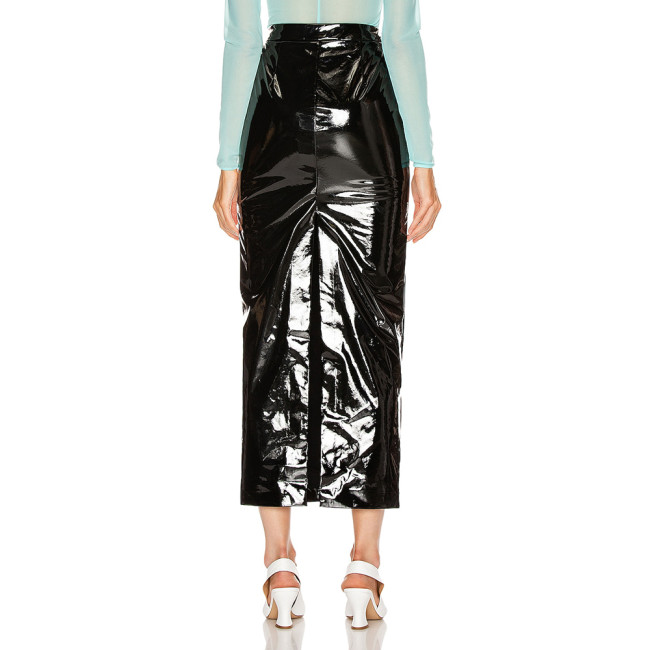 Shiny PVC Leather Midi Skirts Women High Waist Slim Office Lady Stretch Skinny Pencil Skirt Sexy Hems Split Wetlook Club Skirts