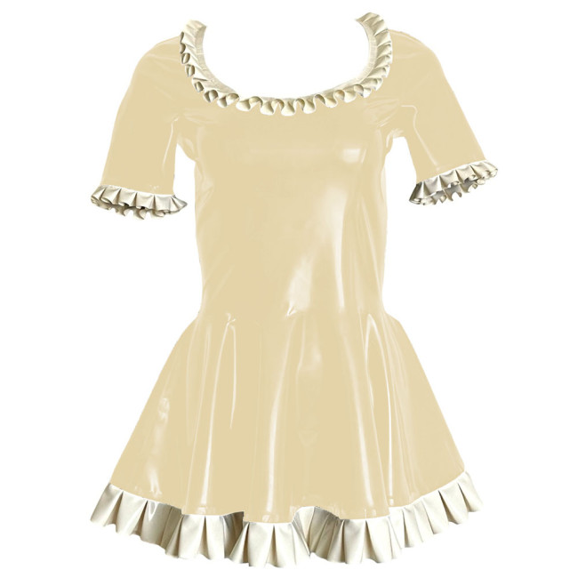 Sweet Ruffles Short Sleeve Paty Mini Dress Shiny PVC Leather Scoop Neck A-line Pleated Short Dress Wetlook Cosplay Clubwear 7XL