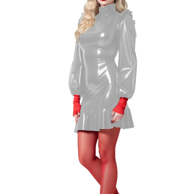 High Street Glossy Patent Leather Bodycon Mermaid Dress Womens Turtleneck Long Sleeve Mini Dresses Rave Party Sexy Clubwear 7XL
