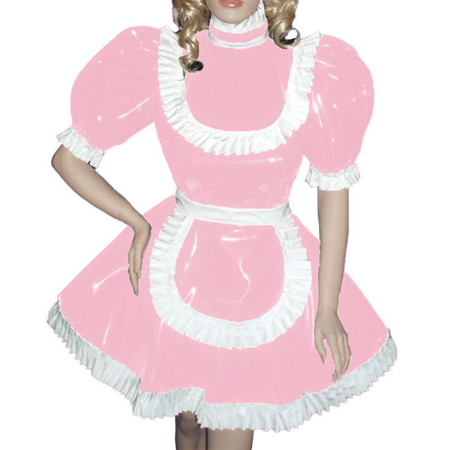 Sissy Turtleneck Puff Long Sleeve Ruffles Maid Uniforms Shiny PVC Leather A-line Pleated Maid Outfits Raves Party Maid Dresses