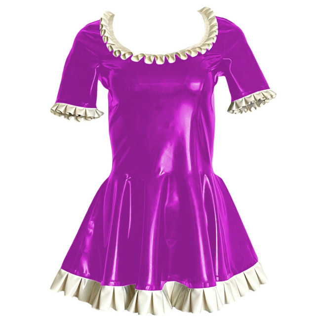 Sweet Ruffles Short Sleeve Paty Mini Dress Shiny PVC Leather Scoop Neck A-line Pleated Short Dress Wetlook Cosplay Clubwear 7XL