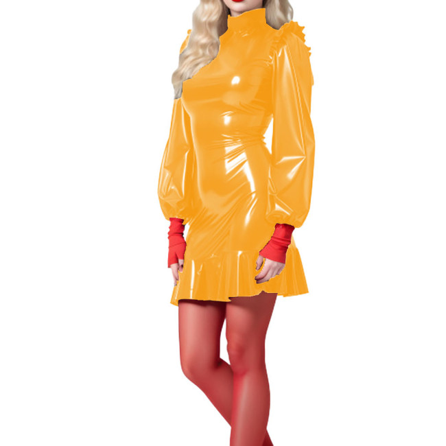 High Street Glossy Patent Leather Bodycon Mermaid Dress Womens Turtleneck Long Sleeve Mini Dresses Rave Party Sexy Clubwear 7XL