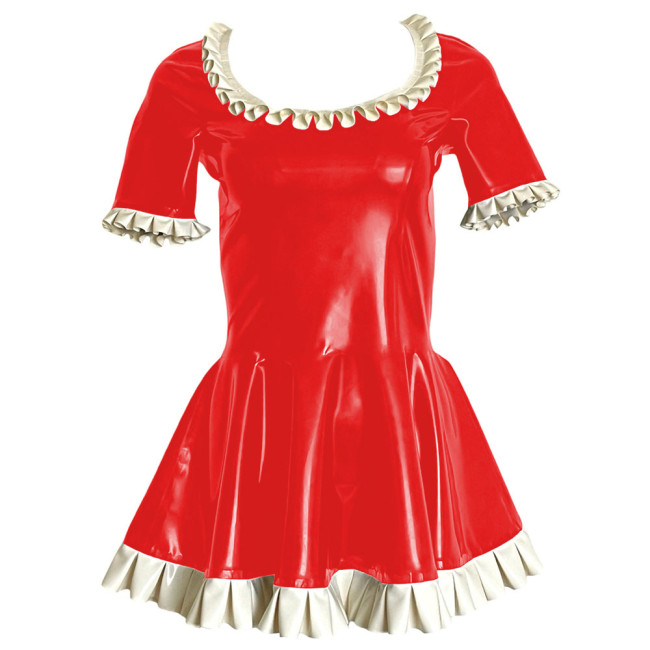 Sweet Ruffles Short Sleeve Paty Mini Dress Shiny PVC Leather Scoop Neck A-line Pleated Short Dress Wetlook Cosplay Clubwear 7XL