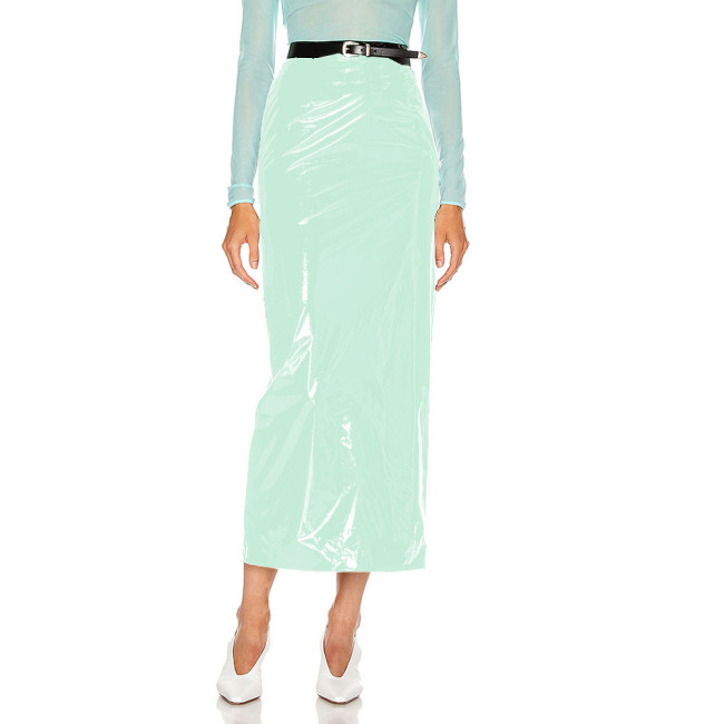 Shiny PVC Leather Midi Skirts Women High Waist Slim Office Lady Stretch Skinny Pencil Skirt Sexy Hems Split Wetlook Club Skirts