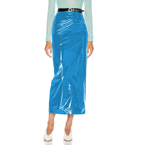 Shiny PVC Leather Midi Skirts Women High Waist Slim Office Lady Stretch Skinny Pencil Skirt Sexy Hems Split Wetlook Club Skirts