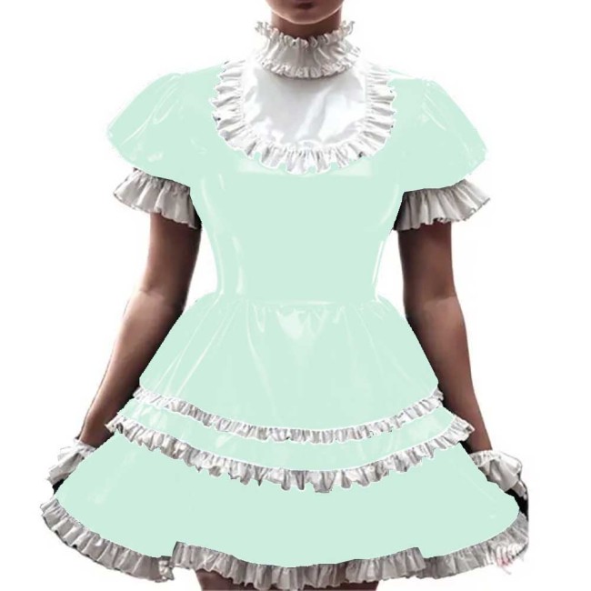 New Arrival Sissy French Maid Costume Shiny PVC Short Puff Sleeve Lolita Uniform Latex Anime Cosplay Lace Sweet Dress 7XL