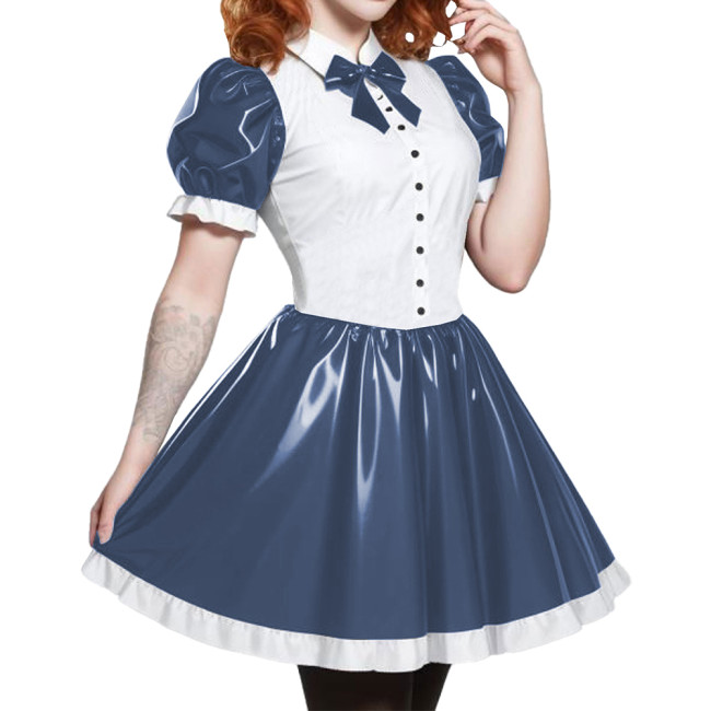 Short Sleeve Cosplay Student Mini Dress PVC Turn-down Collar With Bow Preppy Style Uniforms  A-line Dress With Front Buttons 7XL