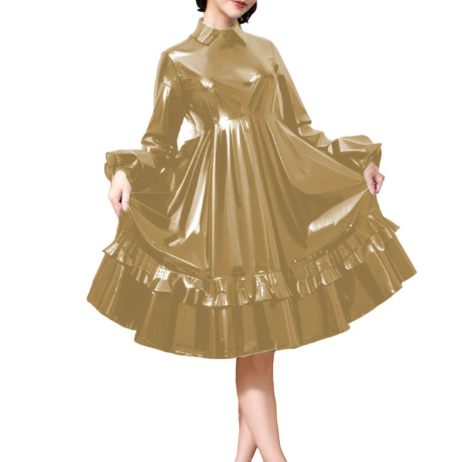 Party Turn Down Collar Wetlook PVC Leather Lolita Dress Long Puff Sleeve A-Line Pleated Midi Dress Elegant Lady High Waist Dress