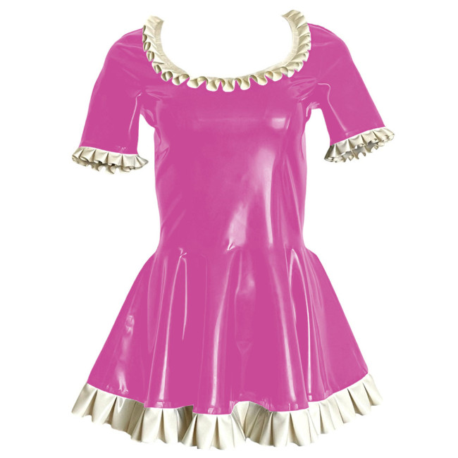 Sweet Ruffles Short Sleeve Paty Mini Dress Shiny PVC Leather Scoop Neck A-line Pleated Short Dress Wetlook Cosplay Clubwear 7XL
