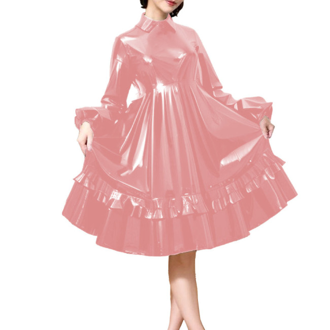 Party Turn Down Collar Wetlook PVC Leather Lolita Dress Long Puff Sleeve A-Line Pleated Midi Dress Elegant Lady High Waist Dress