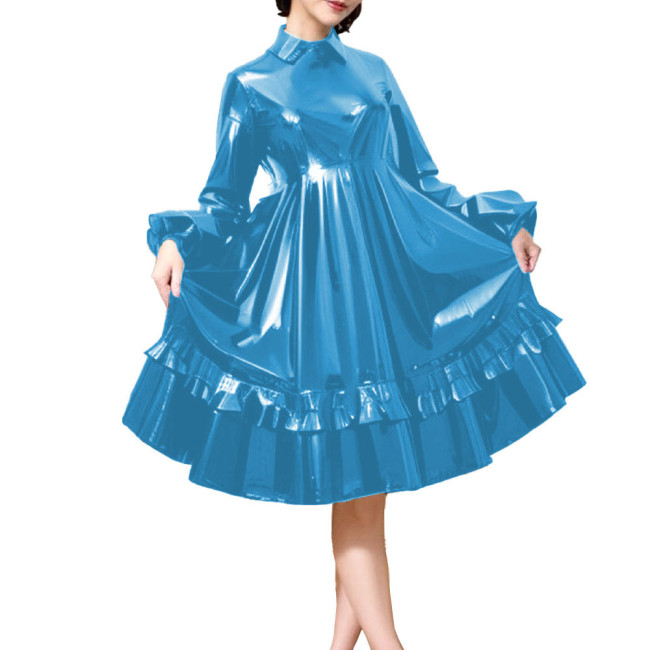 Party Turn Down Collar Wetlook PVC Leather Lolita Dress Long Puff Sleeve A-Line Pleated Midi Dress Elegant Lady High Waist Dress
