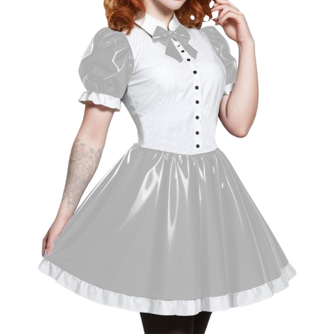 Short Sleeve Cosplay Student Mini Dress PVC Turn-down Collar With Bow Preppy Style Uniforms  A-line Dress With Front Buttons 7XL