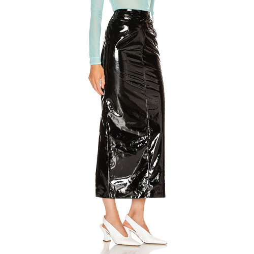 Shiny PVC Leather Midi Skirts Women High Waist Slim Office Lady Stretch Skinny Pencil Skirt Sexy Hems Split Wetlook Club Skirts