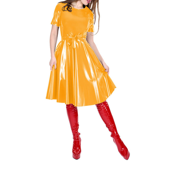 Office Lady O-neck Glossy Solid Color Knee-Length PVC Dress Female Short Sleeve Elegant A-line Dress with Belt Women's Clothing